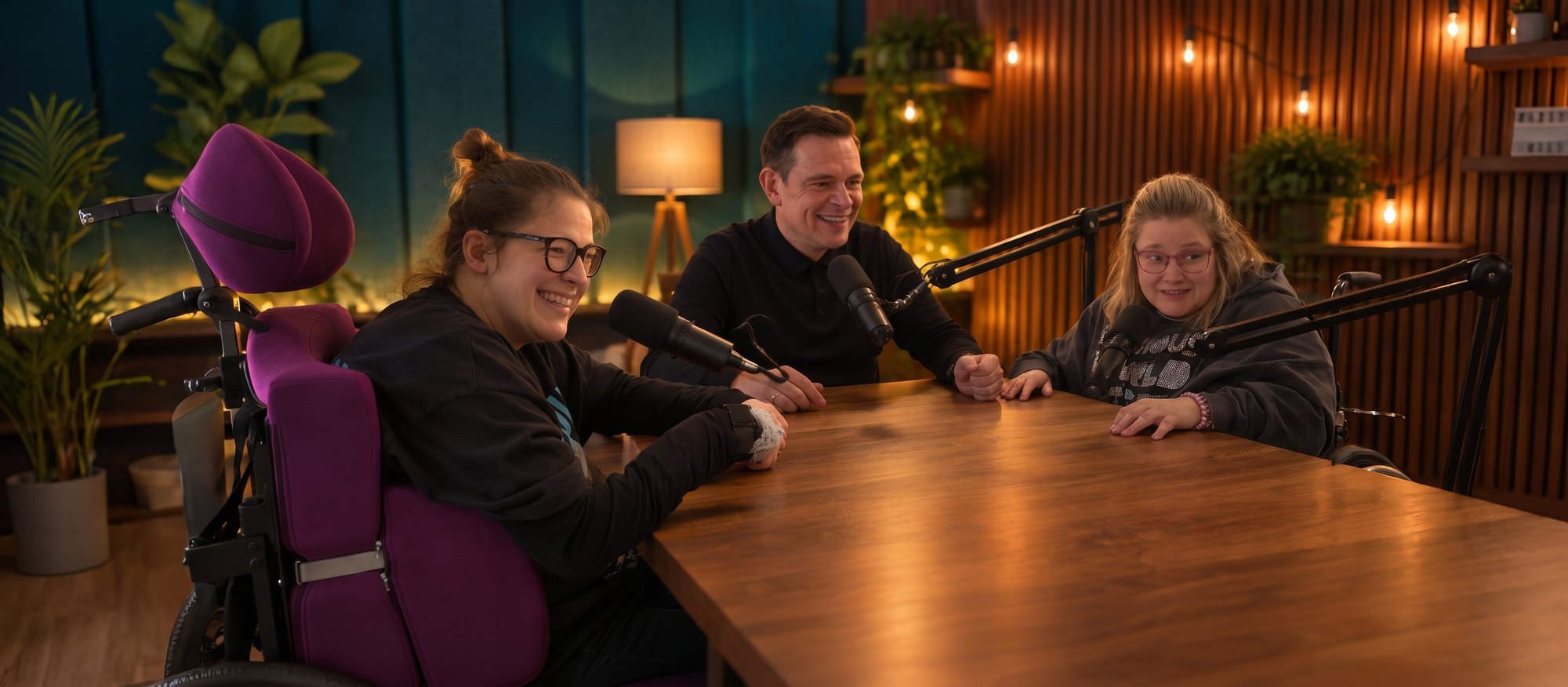 Larissa, Dennis und Saskia lachen gemeinsam am Tisch im Total-Normal-Studio